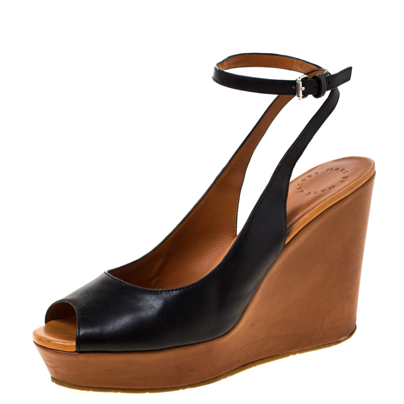 marc by marc jacobs black leather peep toe wedge sandals size 40