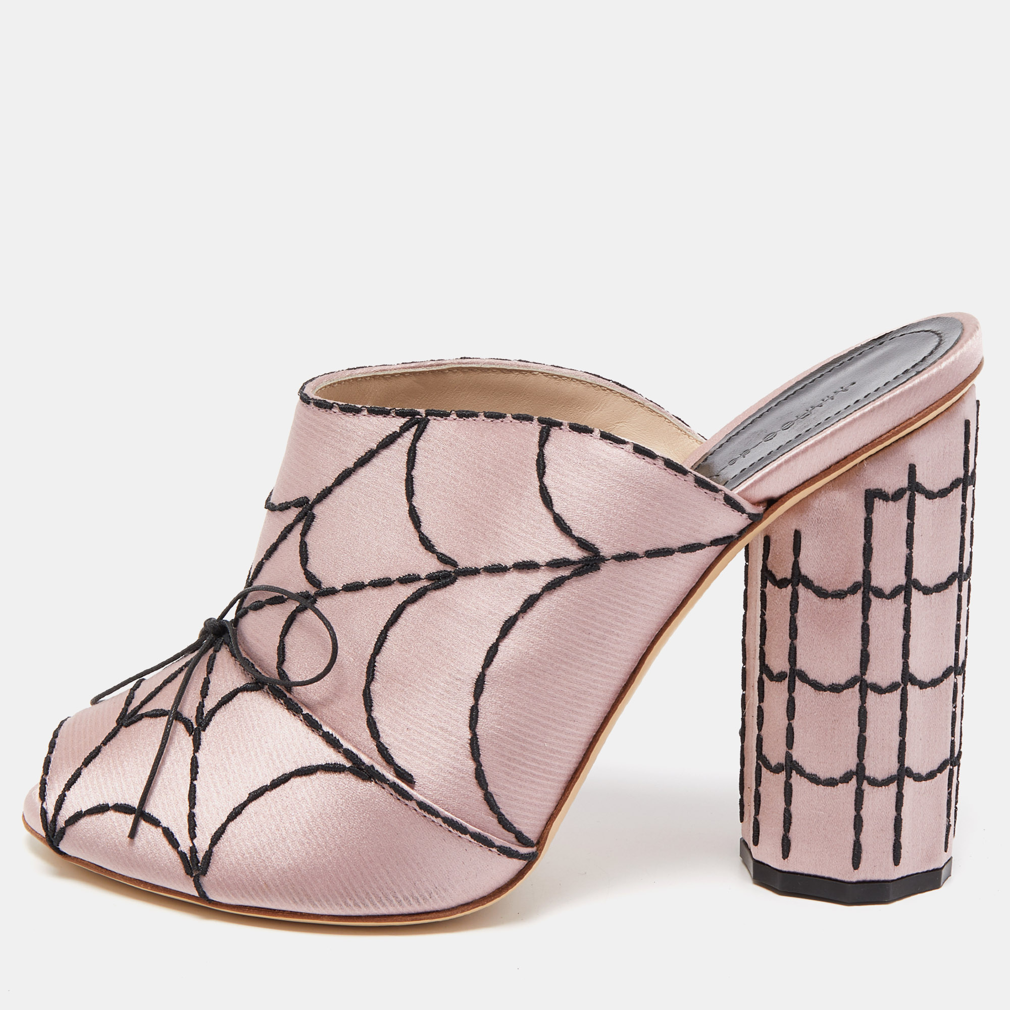 marco de vincenzo pink satin spider web embroidered open toe mules size 39.5