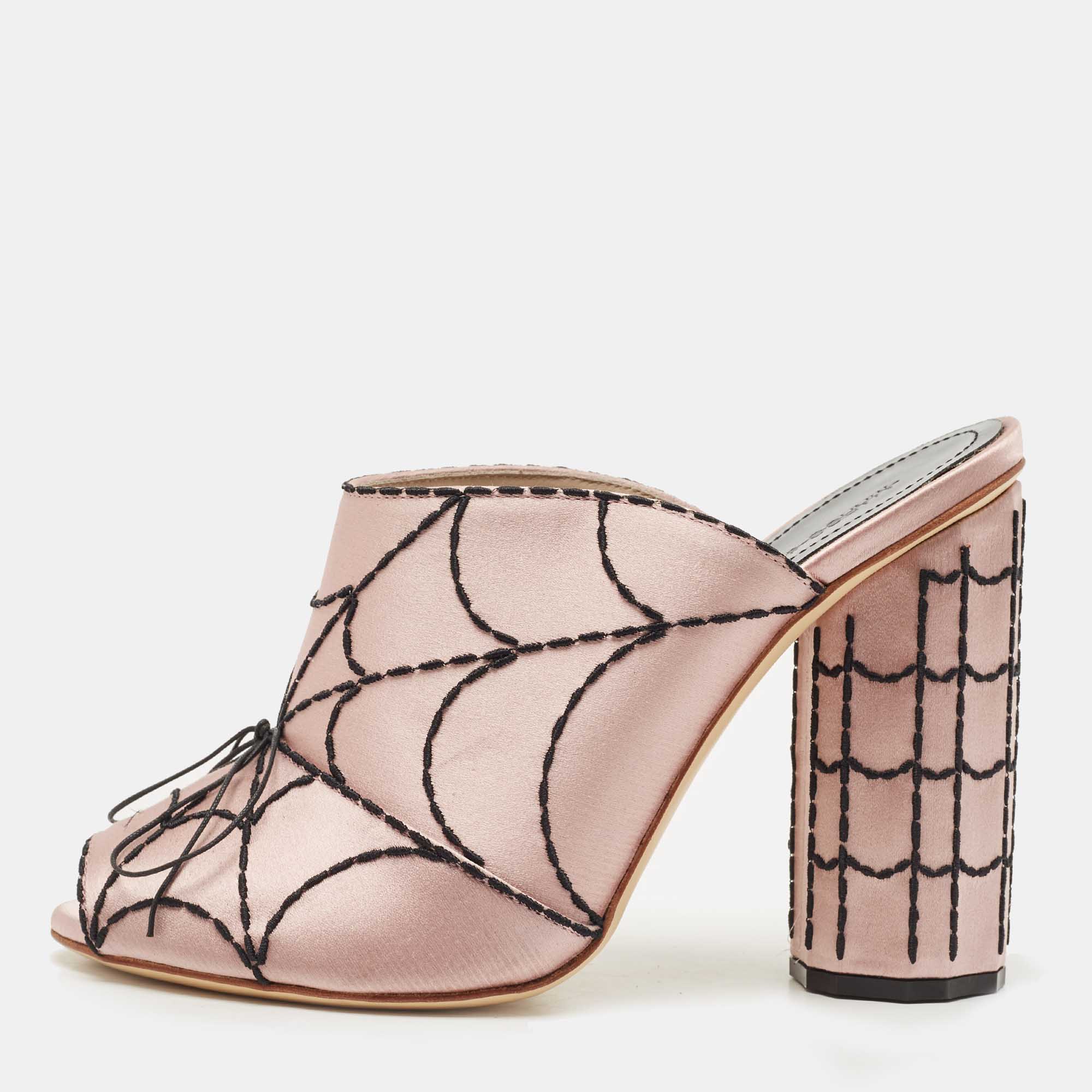 marco de vincenzo pink satin embroidered spider web mules size 39