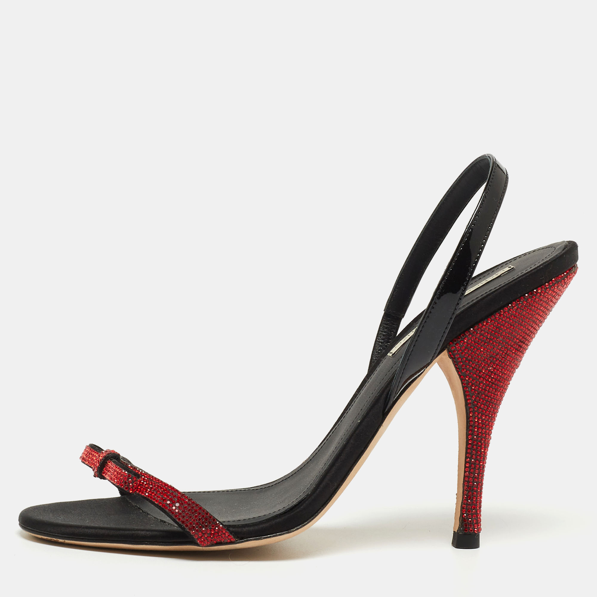marco de vincenzo red/black crystal embellished leather bow slingback sandals size 39