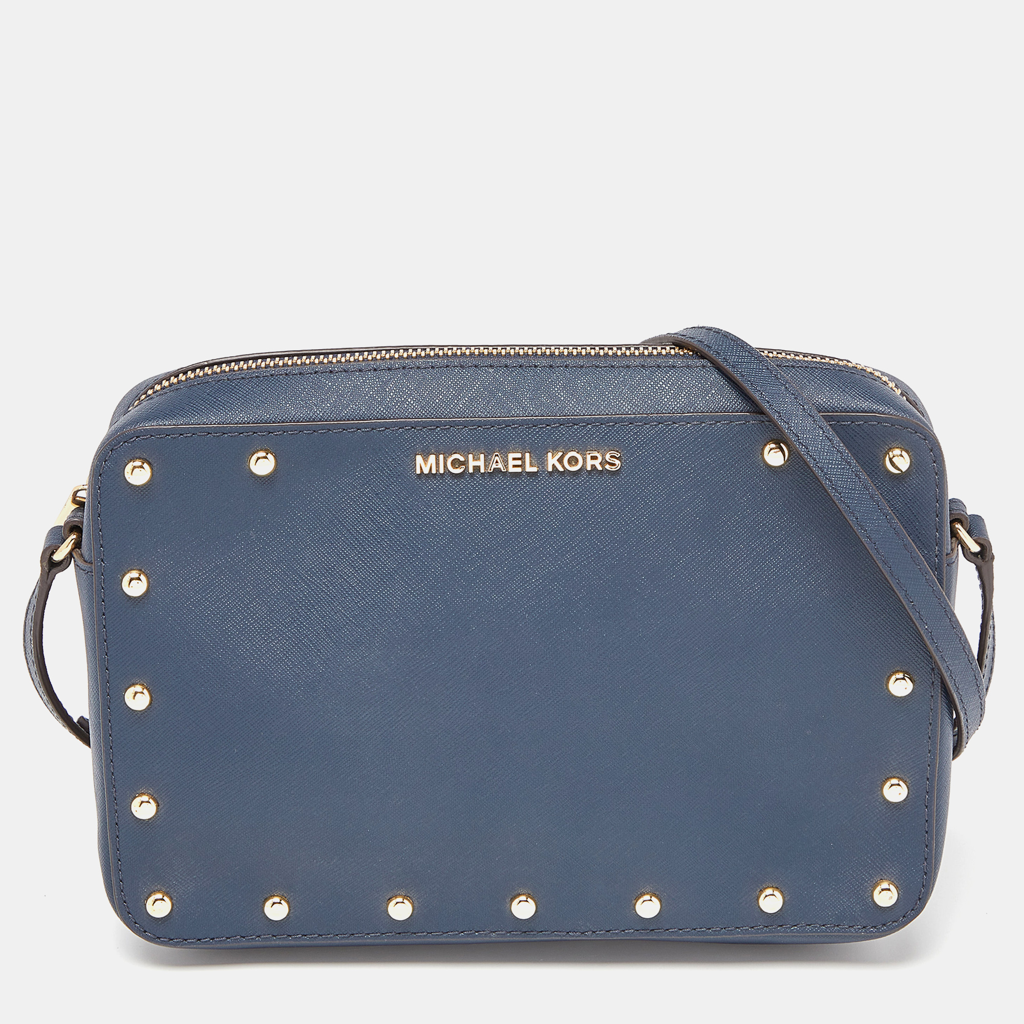 michael kors blue leather sandrine stud crossbody bag
