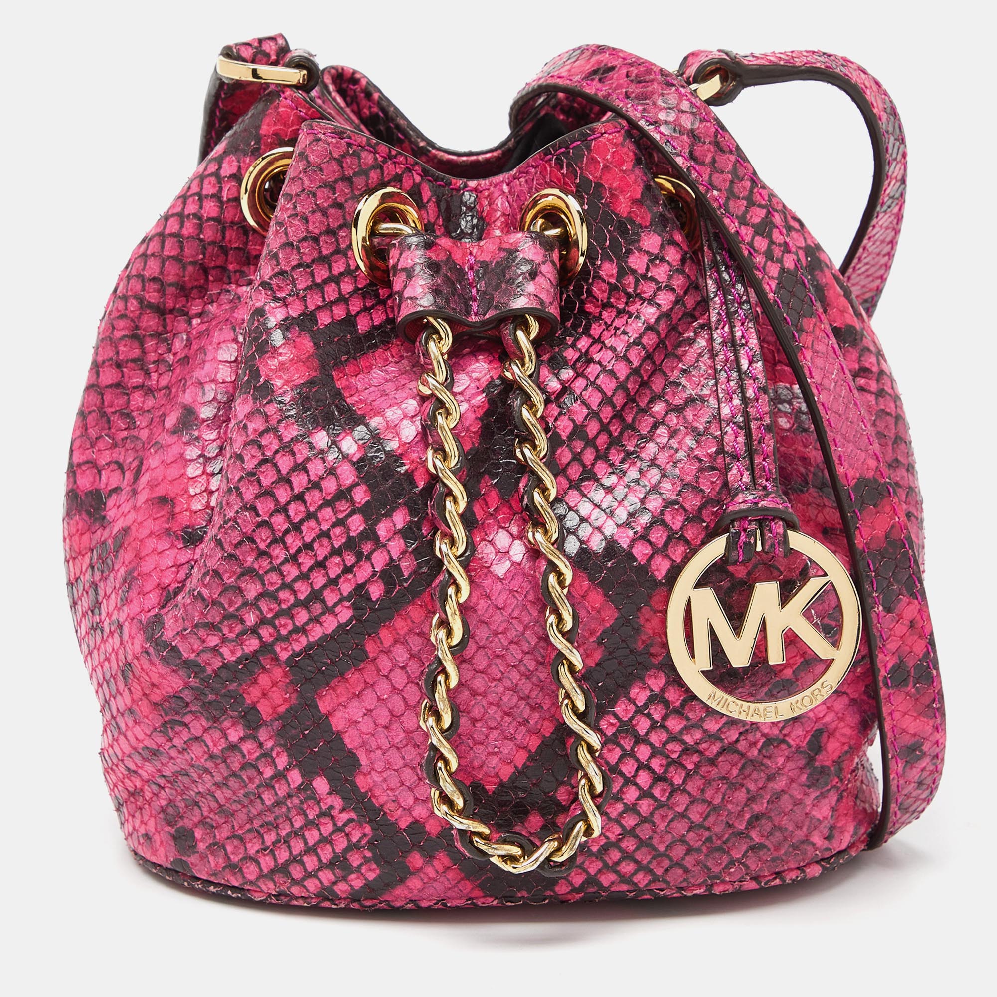 Michael Kors Pink Python Embossed Leather Bucket Bag