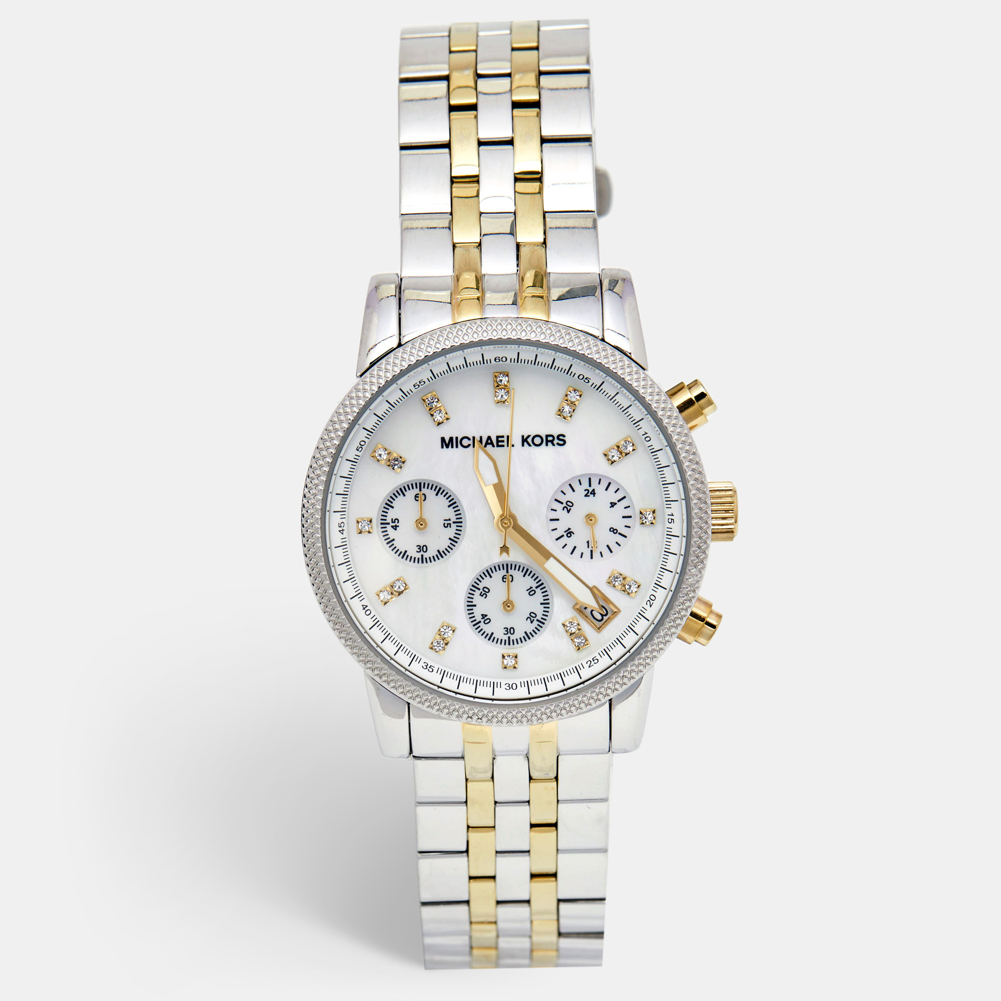 michael kors white mother of pearl two-tone stainless steel jet set series mk5057 women's wristwatch 36 mm