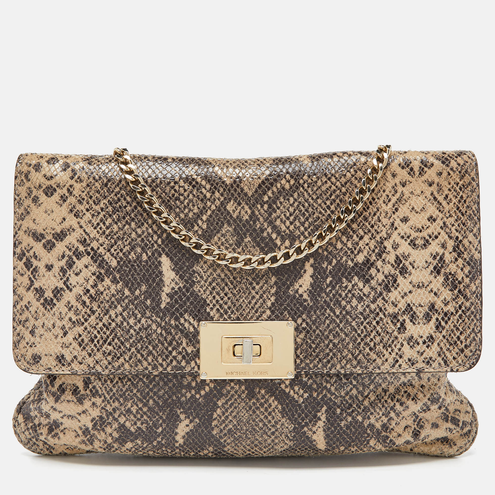 Michael Michael Kors Beige Python Effect Leather Oversized Sloan Chain Clutch