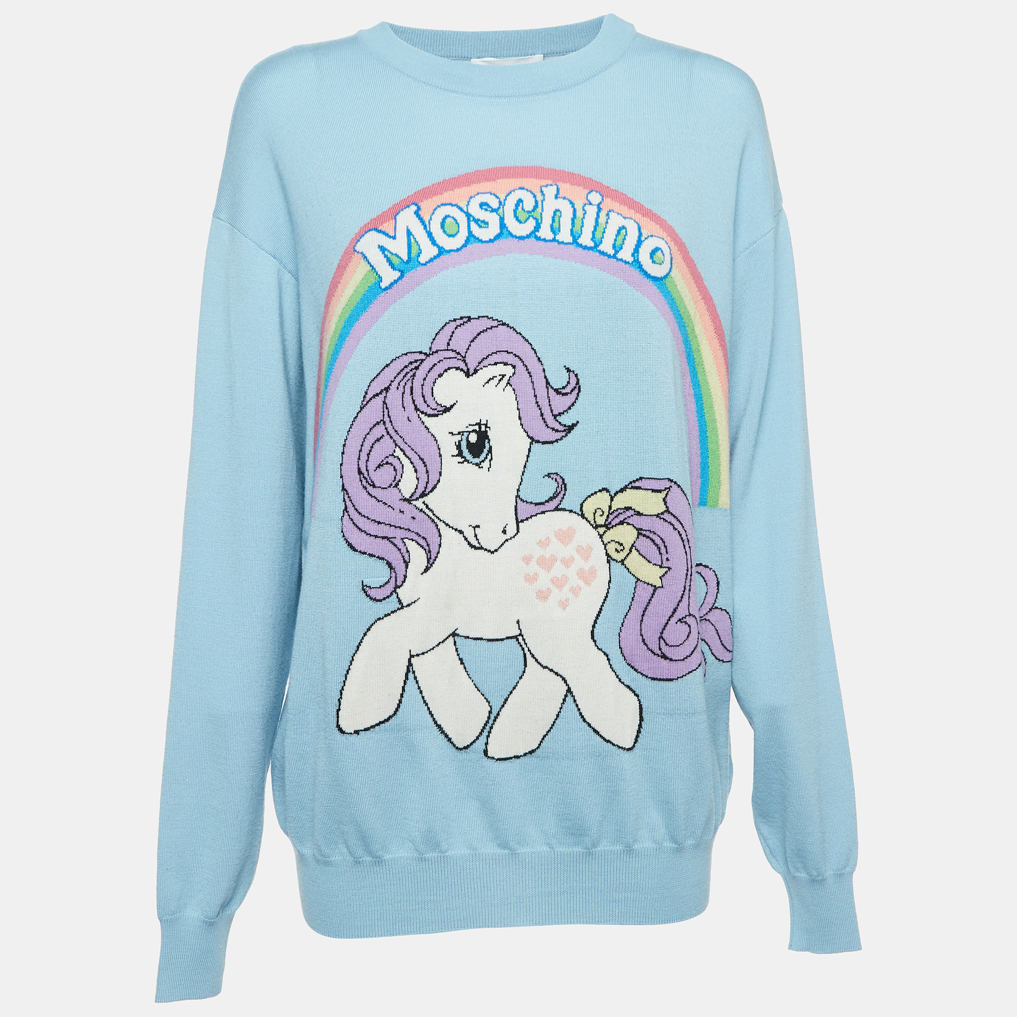 moschino couture x my little pony blue logo intarsia knit sweater m