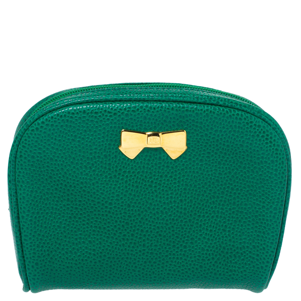 nina ricci green leather bow zip around pouch