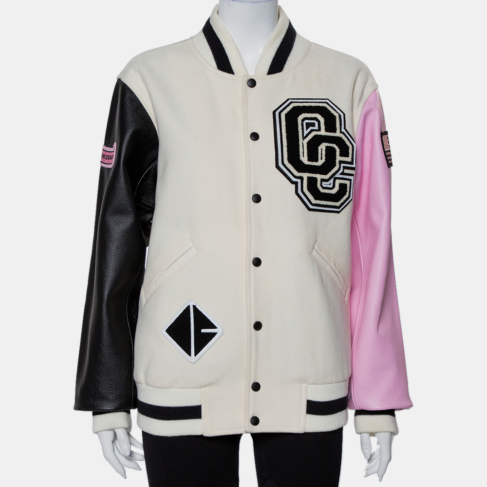opening ceremony multicolor wool & leather logo applique detail varsity jacket m
