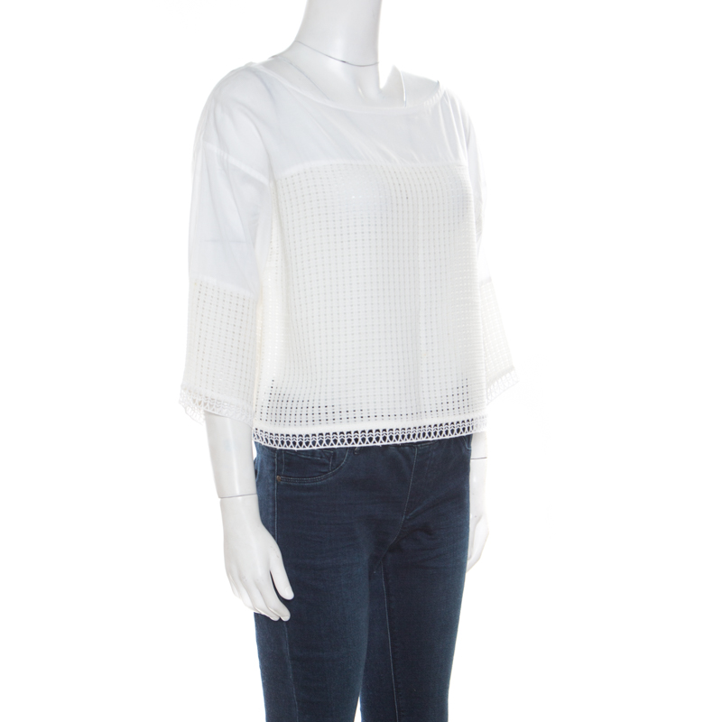 paul and joe white cotton mesh panel detail cropped top s