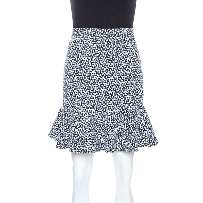 paul and joe navy and white floral knit cotton blend ruffle hem skirt m