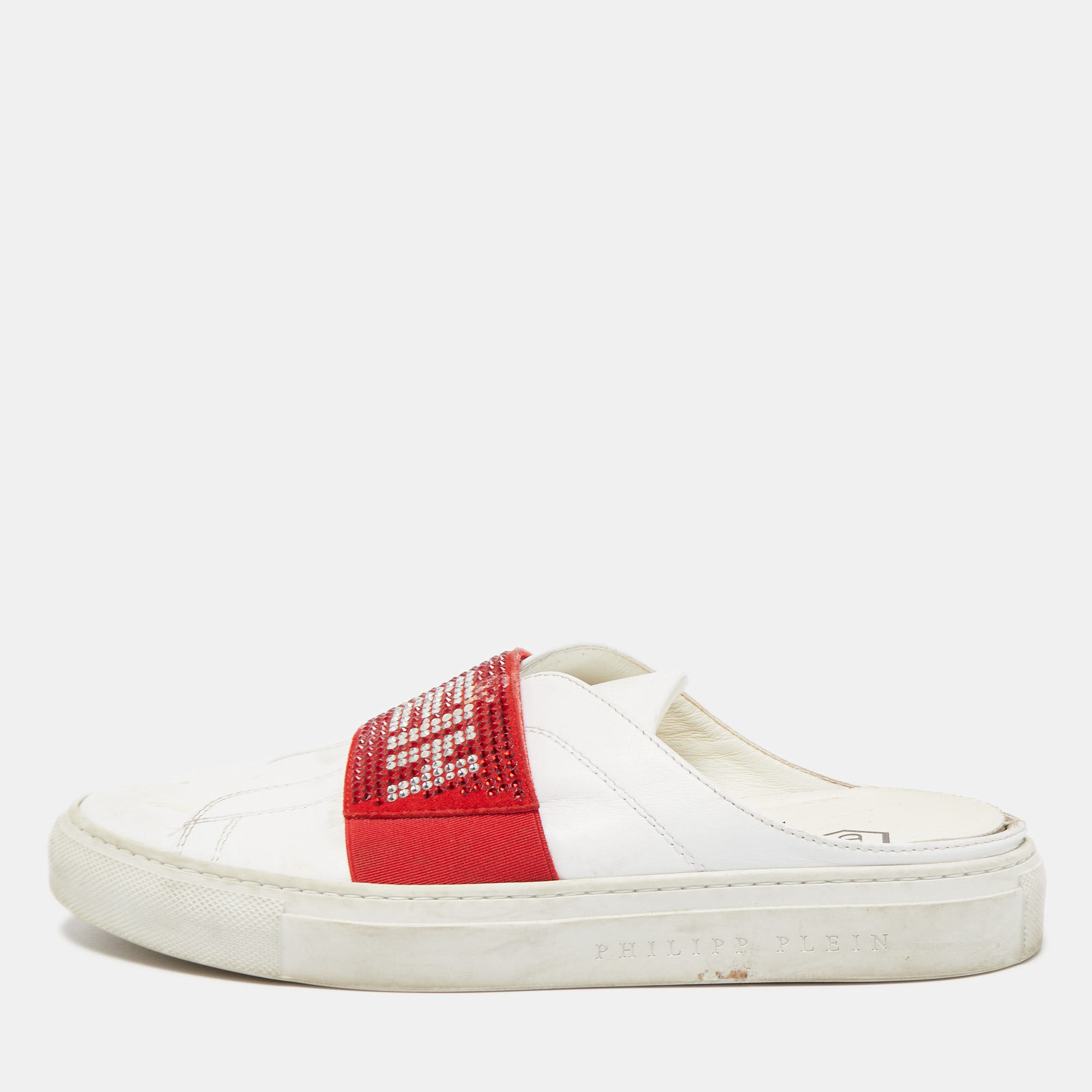 phillip plein white/red leather crystal embellished logo sneaker mules size 38