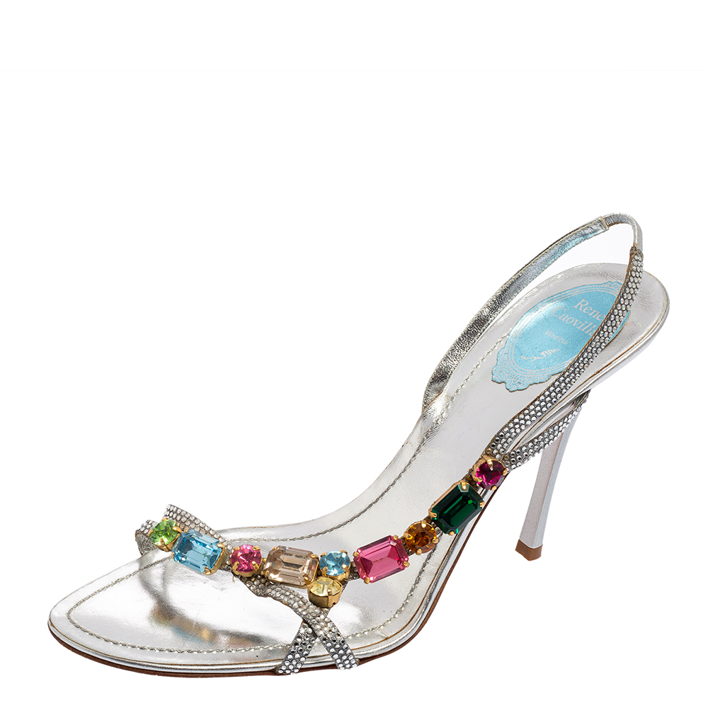 René Caovilla Silver Crystals And Multicolor Stones Embellished Leather Slingback Sandals Size 41