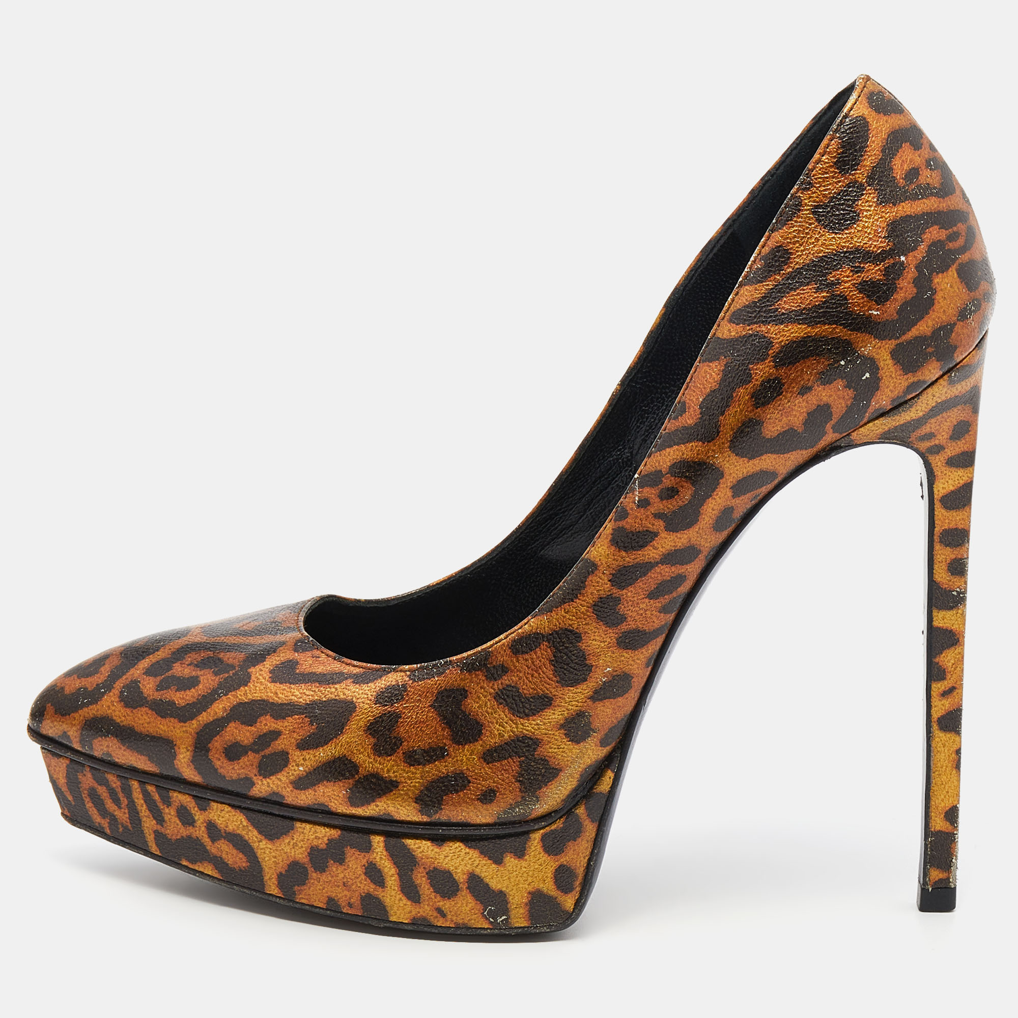 Saint Laurent Metallic Leopard Print Leather Janis Pointed Toe Platform Pumps Size 38