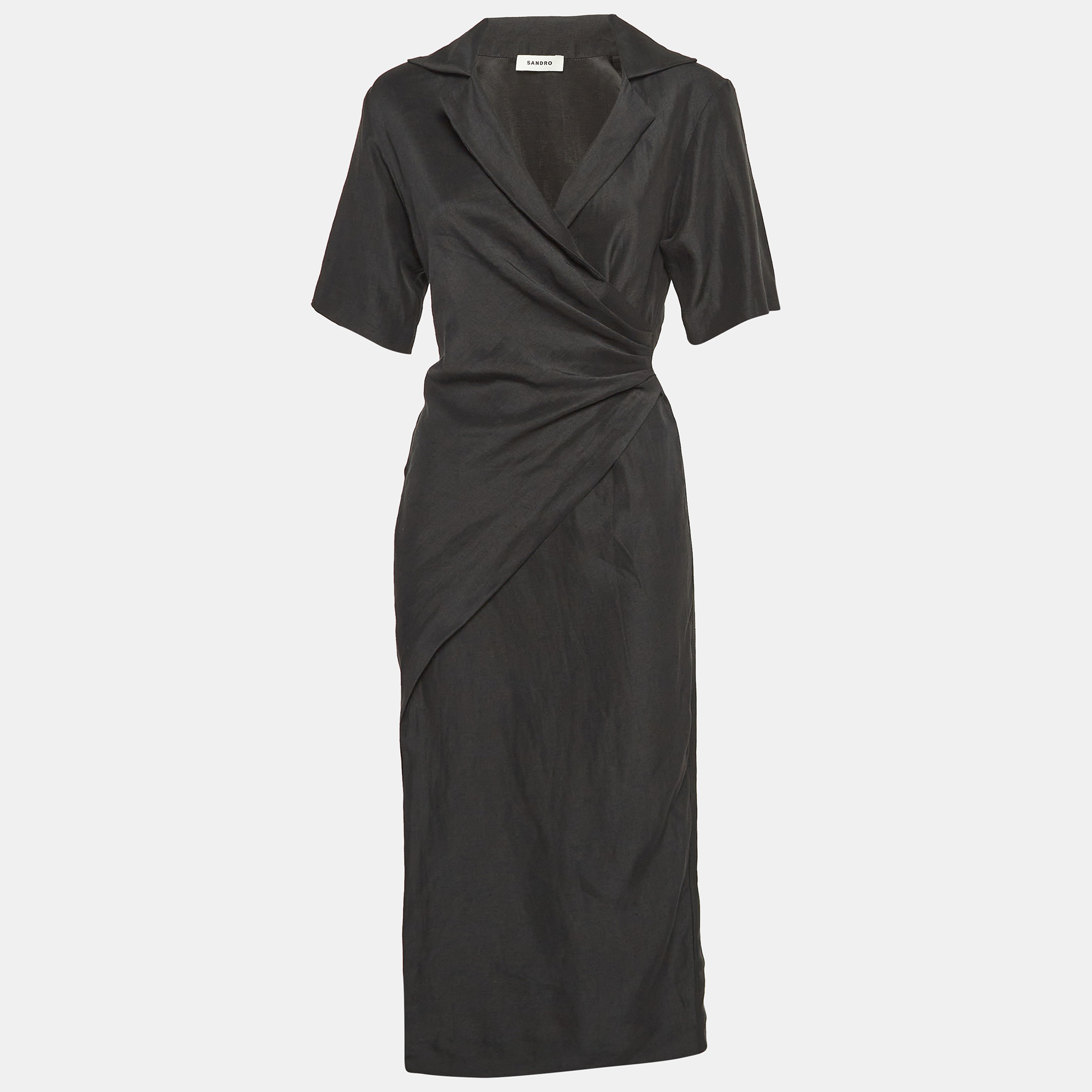 Sandro Black Linen Blend Wrap Style Midi Dress Xs