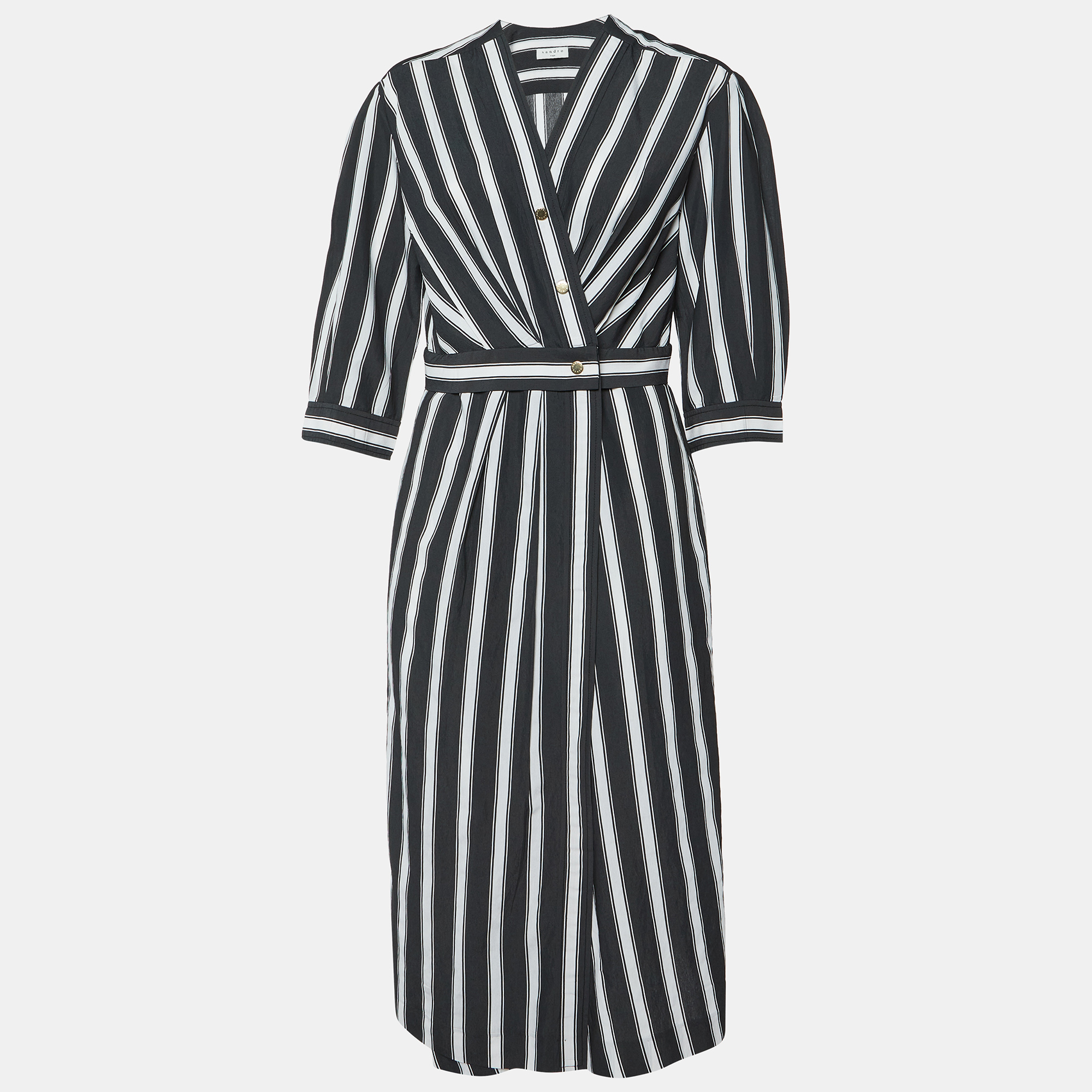 Sandro Black/White Stripe Print Viscose Wrap Midi Dress L