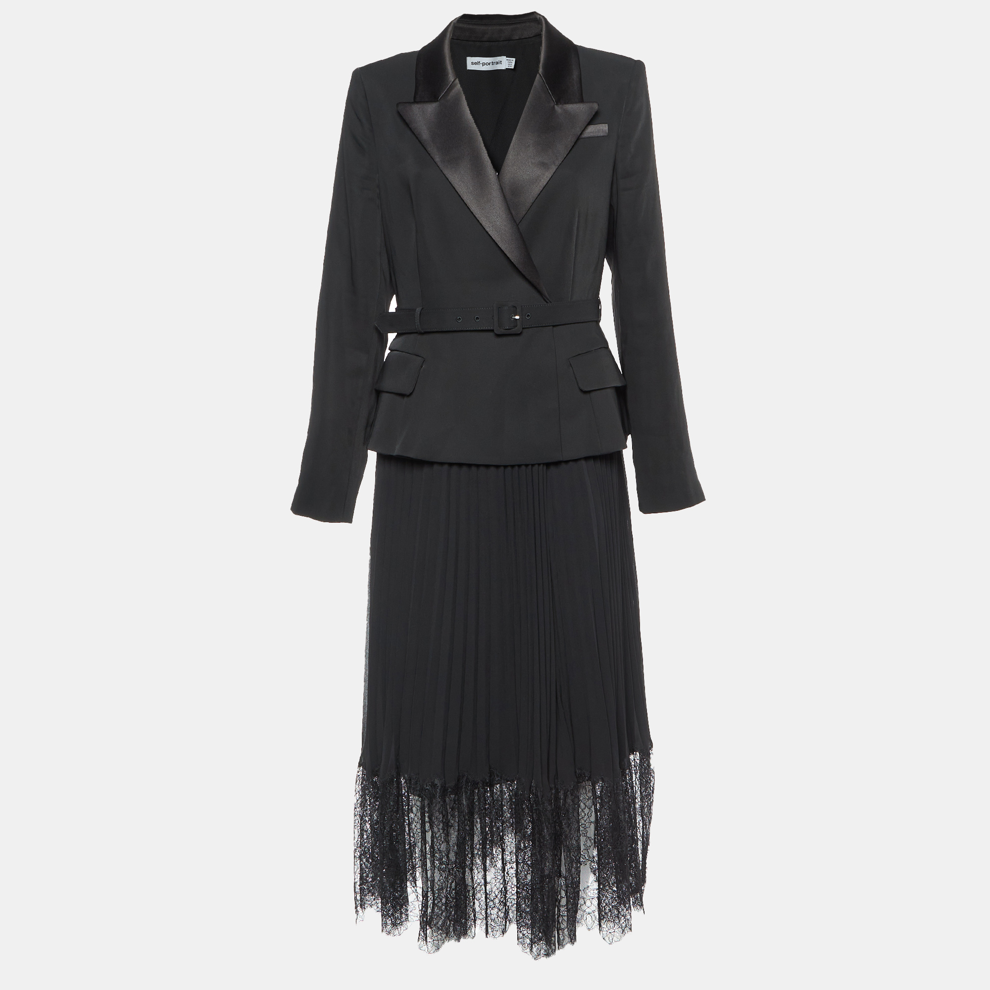 Self-Portrait Black Crepe & Chiffon Tailored Midi Dress L