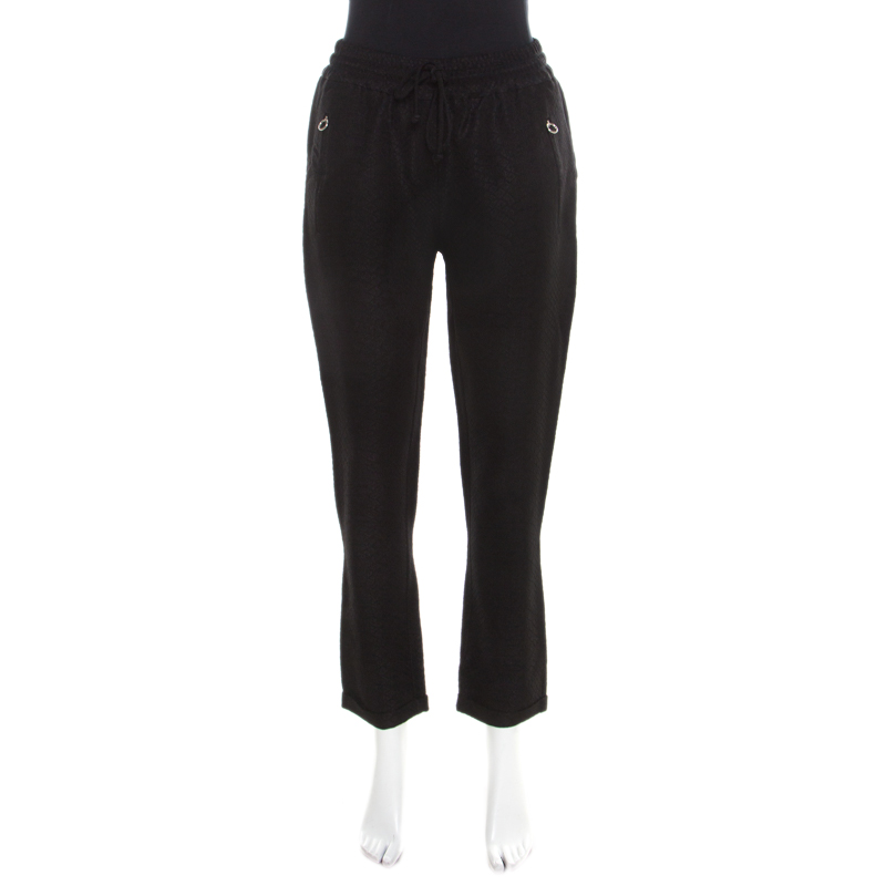 Stella Mccartney Black Python Scale Patterned Jacquard Drawstring Detail Pants S