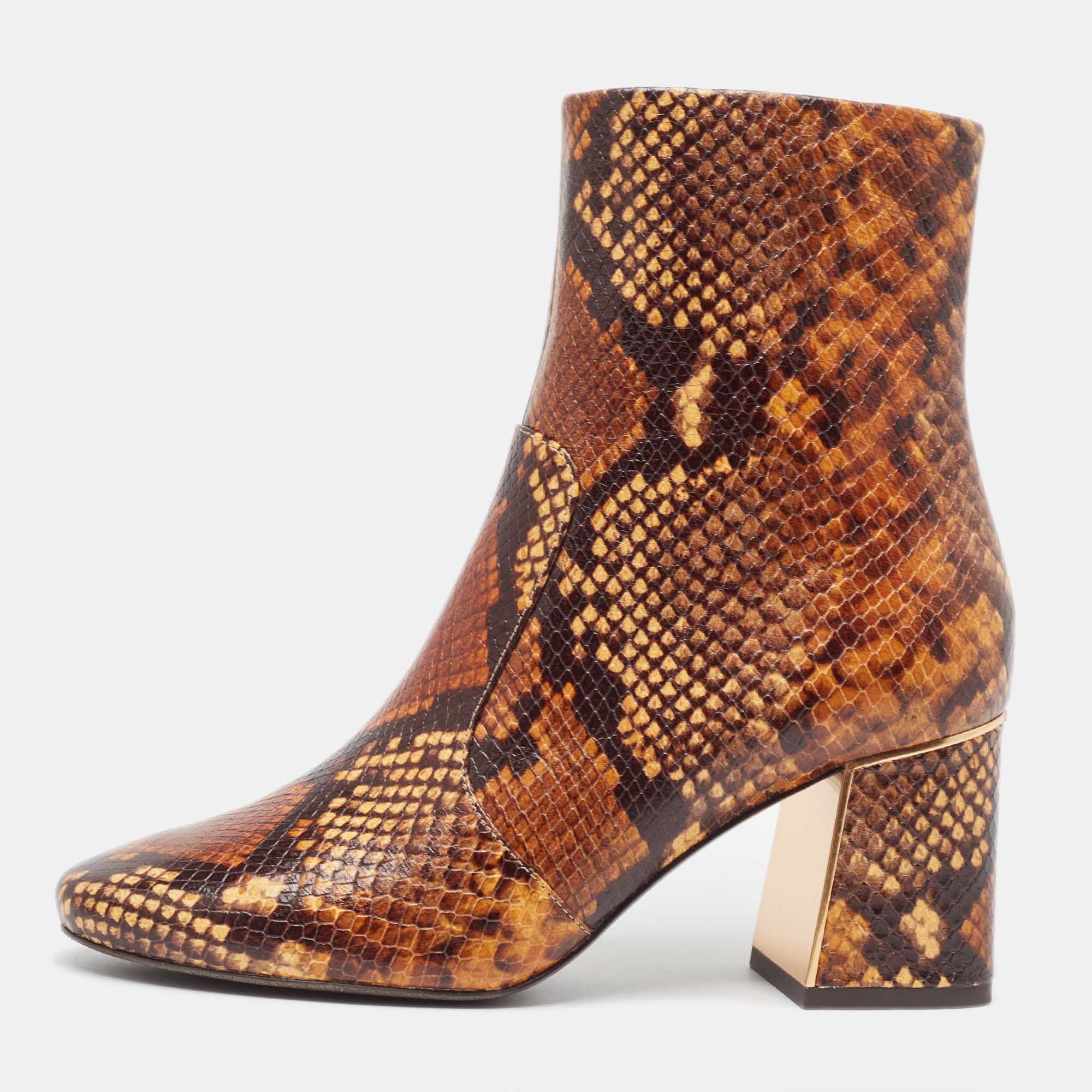 Tory Burch Brown Python Embossed Leather Ankle Boots Size 37