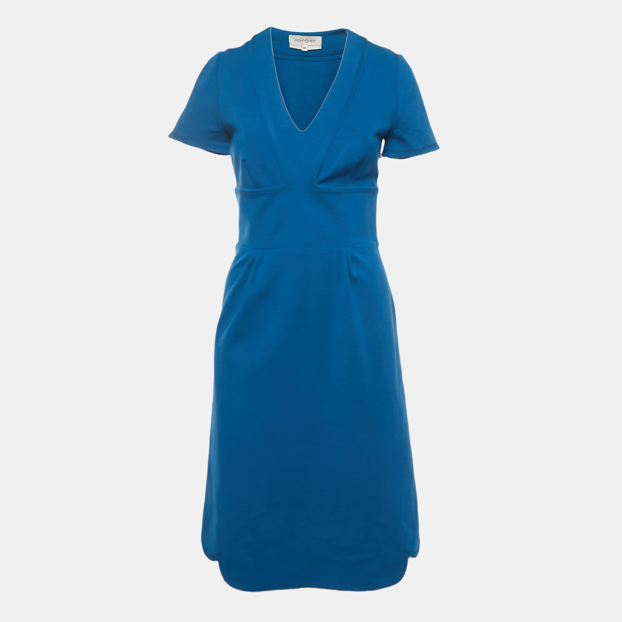 yves saint laurent blue wool v-neck short dress m