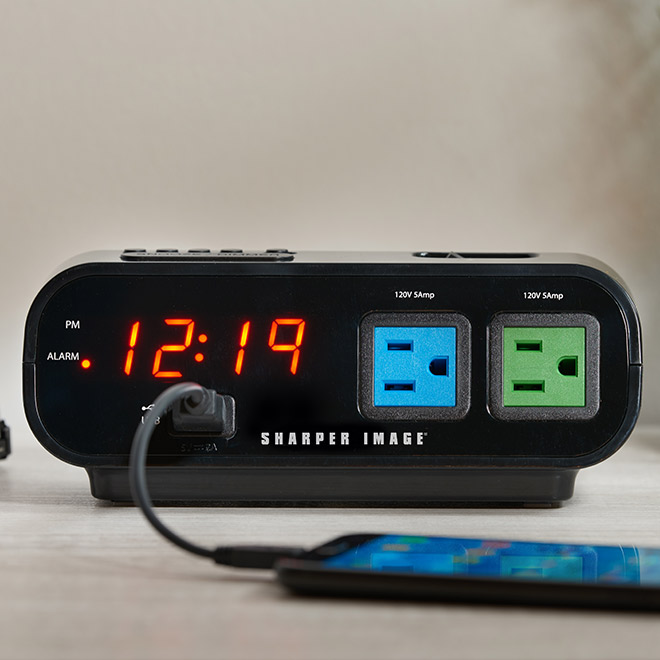 Digital Alarm Clock With Power Outlets And Usb Charge Port