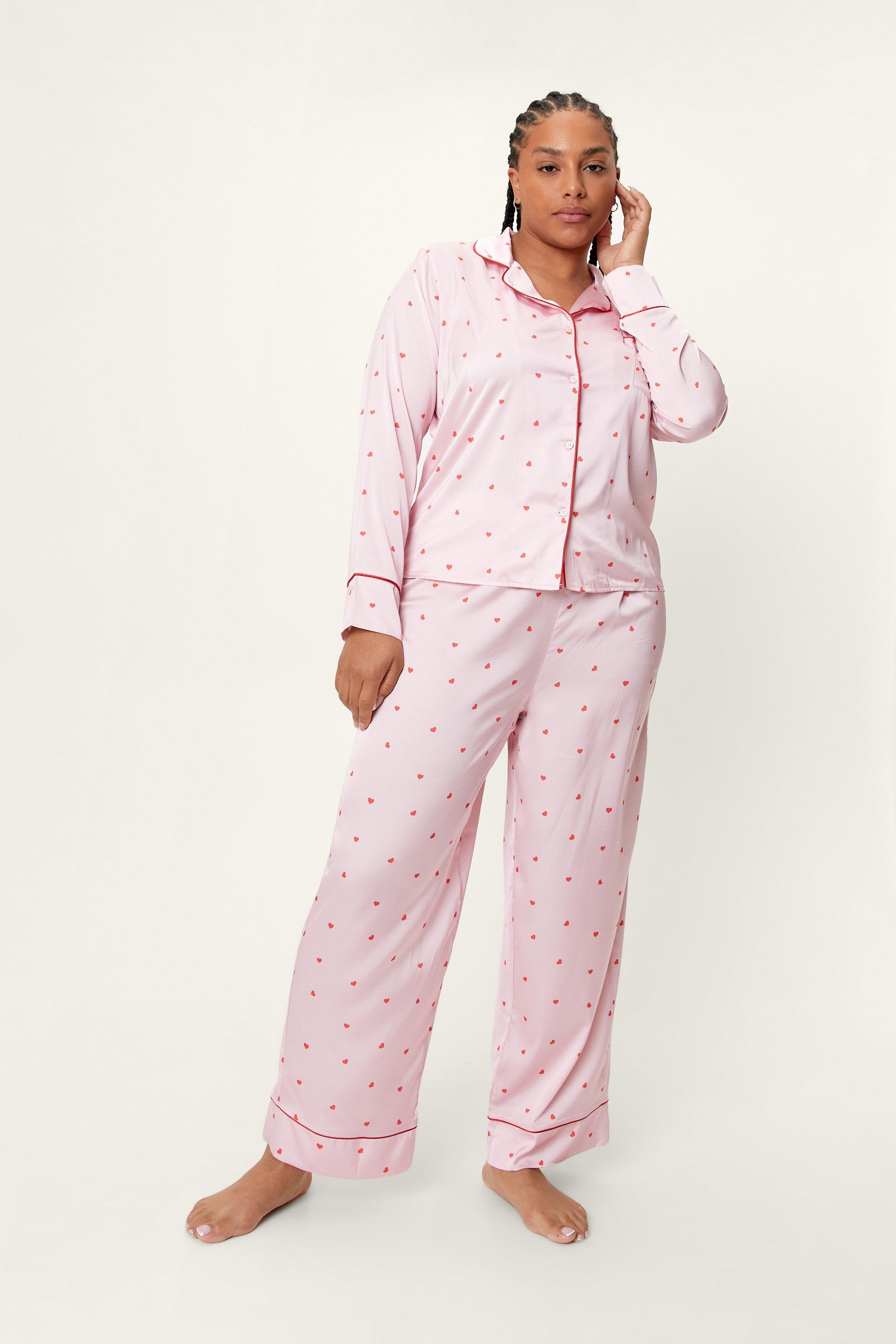 Grande Taille - Pyjama 6 Pièces Satiné À Motif De Cœur - Rose - 52, Rose