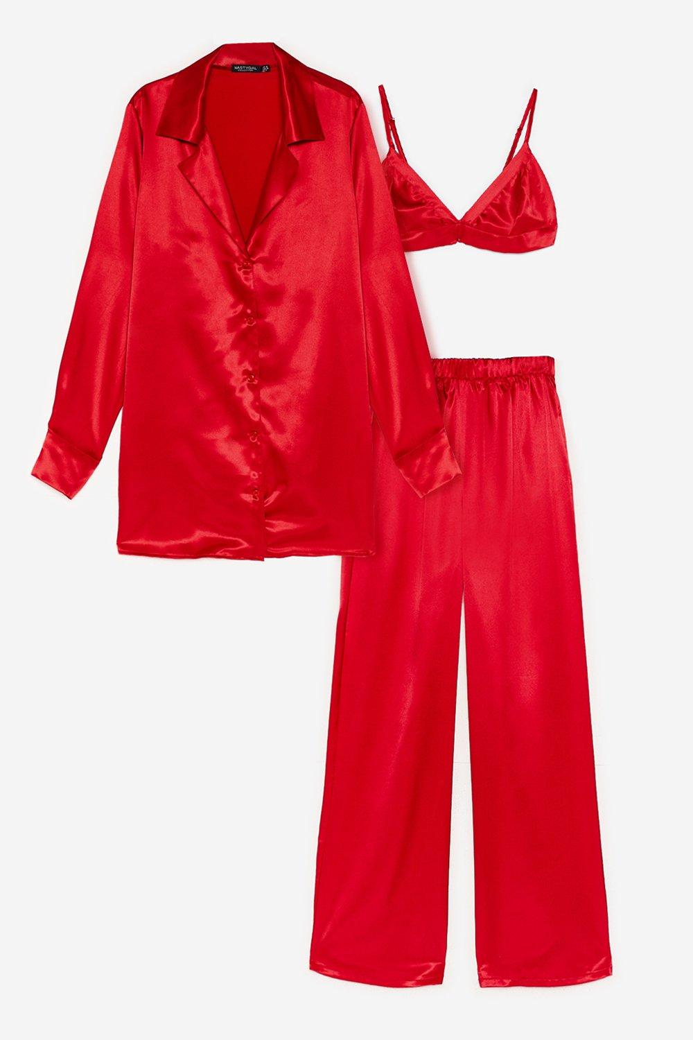 Pyjama Oversize 3-Pièces Satiné Chemise + Brassière + Pantalon - Rouge - 34, Rouge