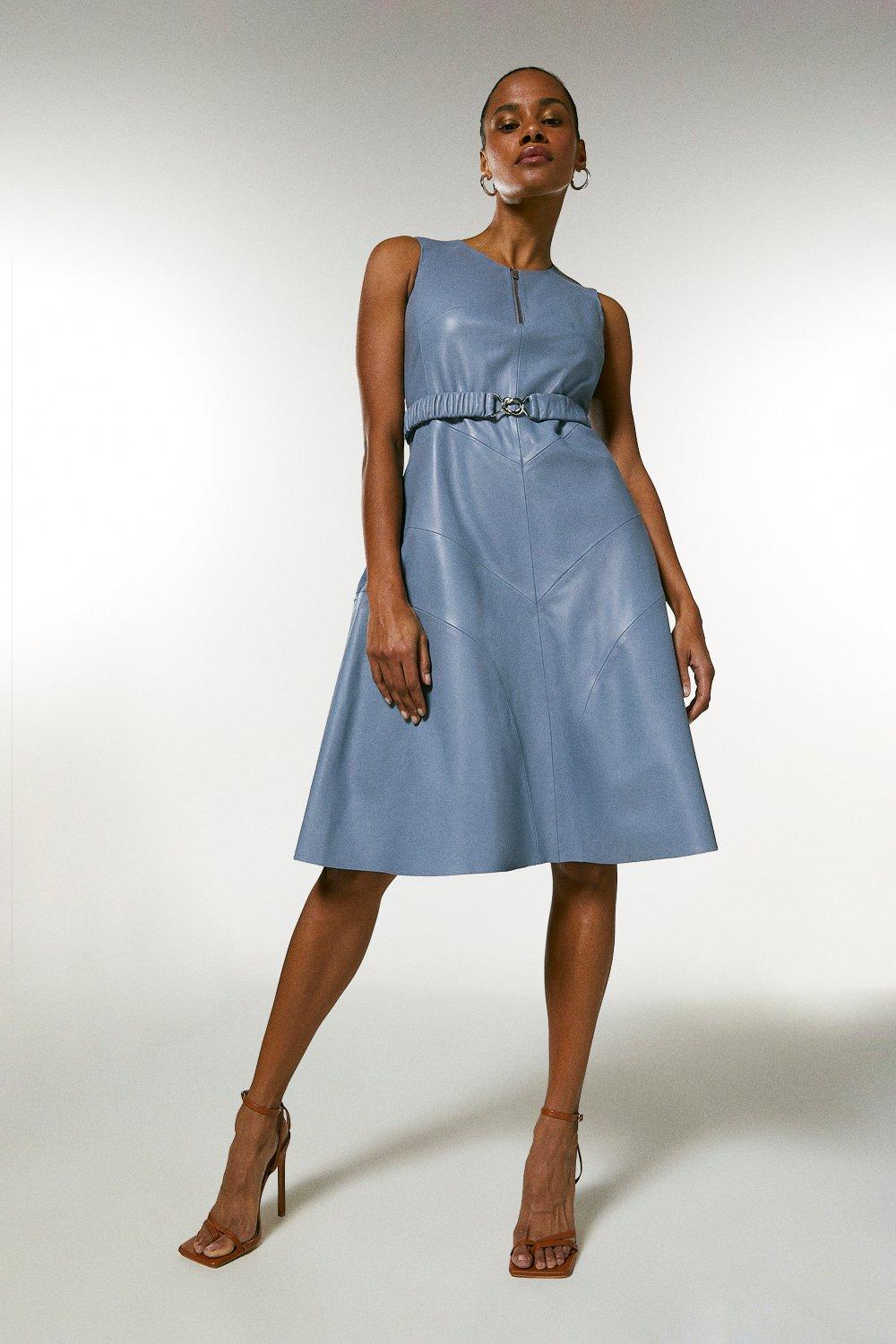 Karen Millen Leather Belted Midi Dress -, Pale Blue