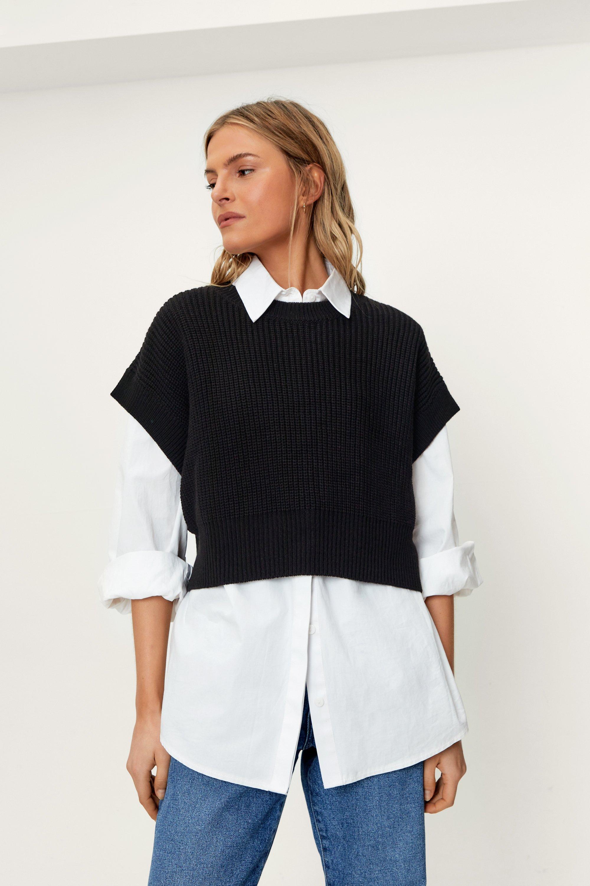 Boxy Cropped Knitted Jumper Vest - Noir - S, Noir