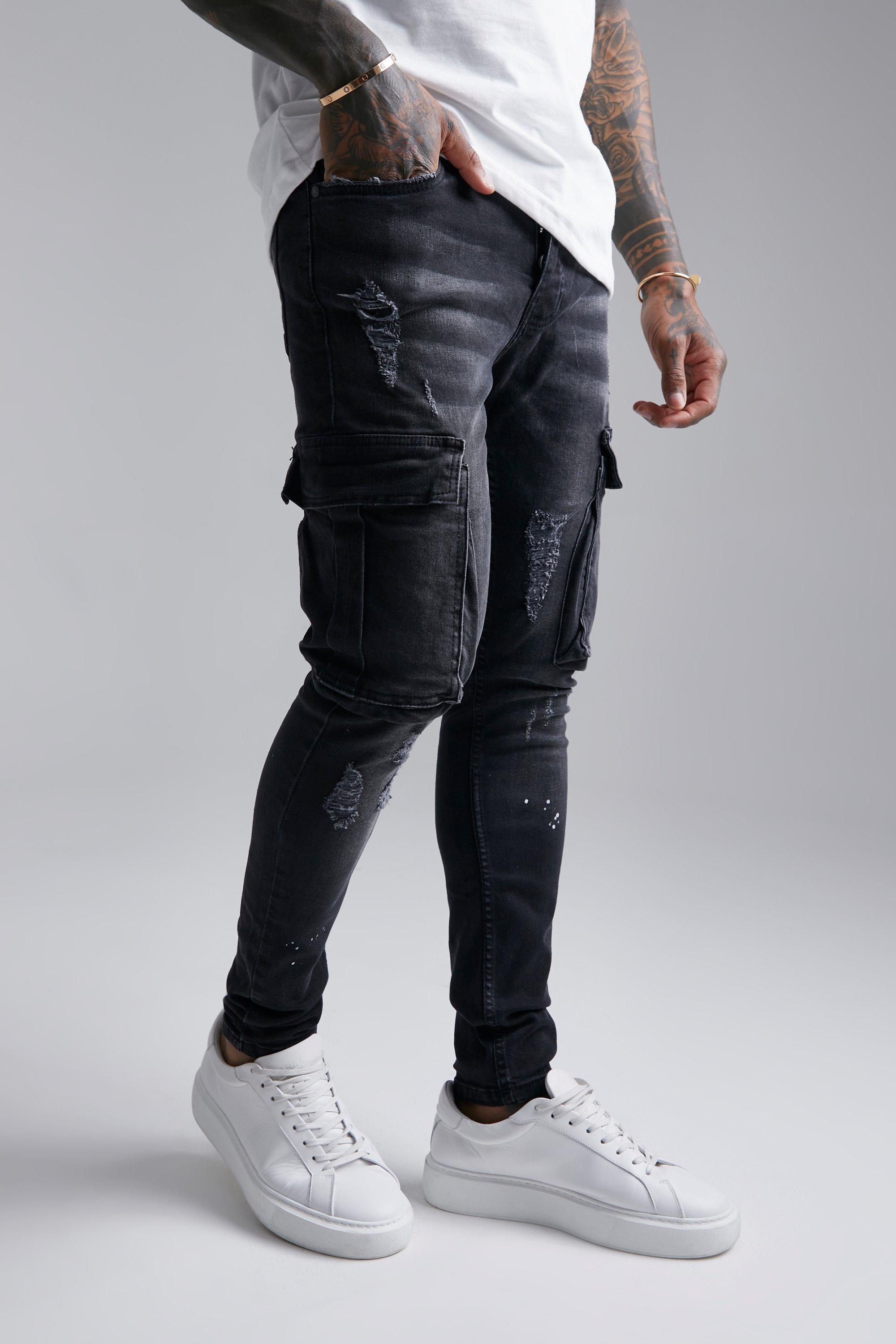 Super Skinny Cargo-Jeans Mit Fabrspritzern - Washed Black - 30R, Washed Black