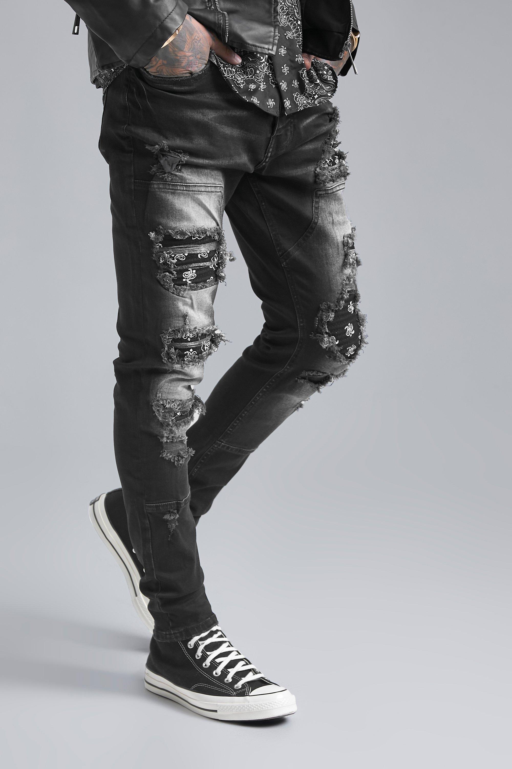 Skinny Stretch Bandana-Jeans Mit Rissen - Washed Black - 28R, Washed Black