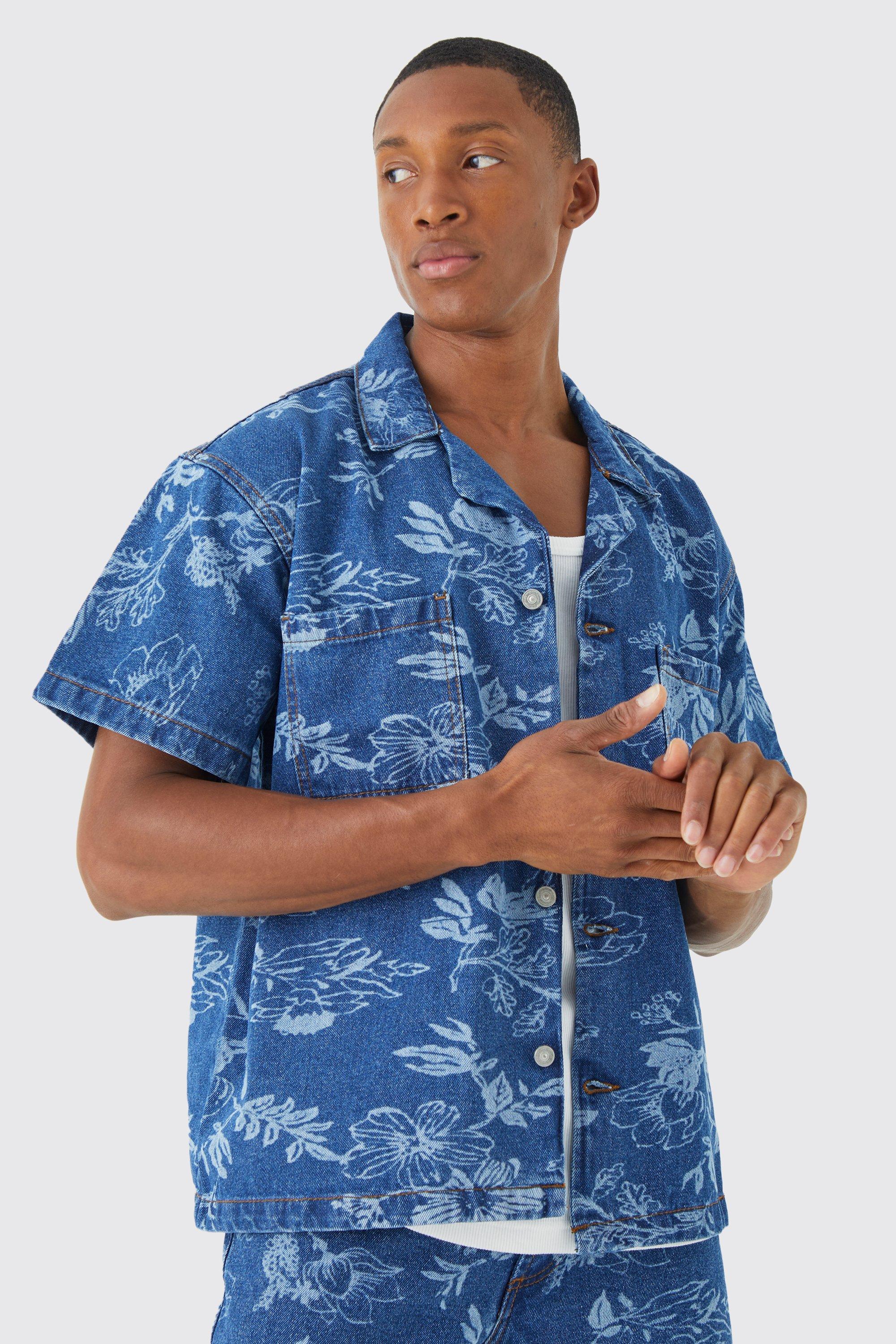 Boxy Rigid Short Sleeve Floral Print Denim Shirt - Mid Blue - S, Mid Blue
