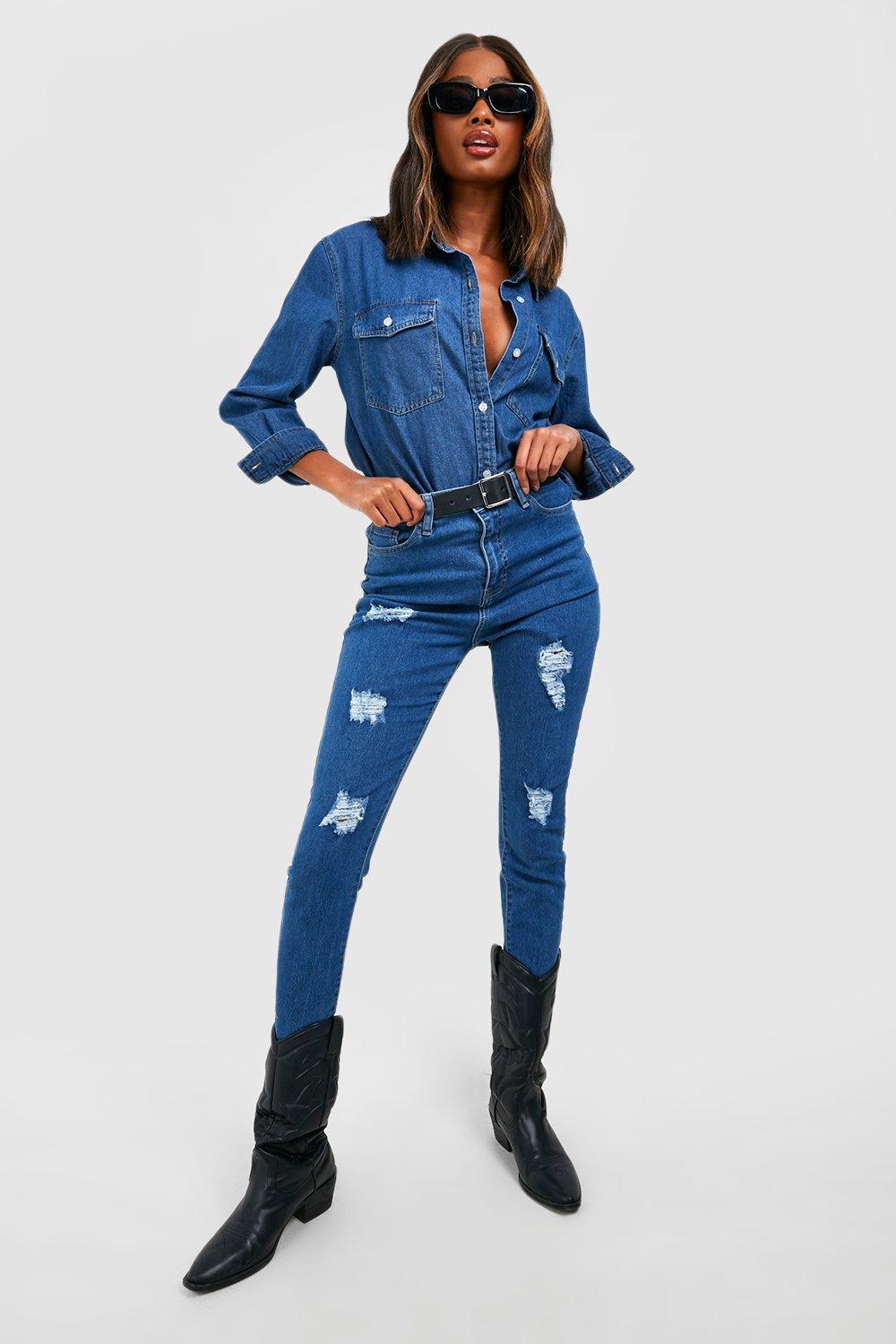 Super Zerrissene Skinny Jeans Mit Ausgefranstem Saum - Mittelblau - 32, Mittelblau