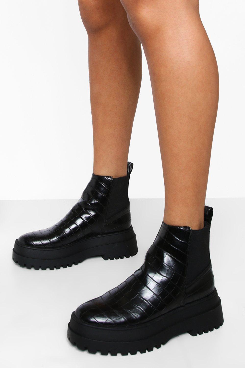 pimkie moc croc chunky sole ankle boots in black