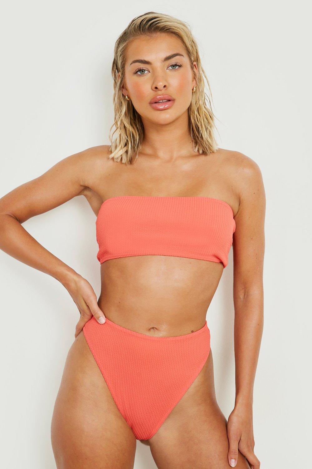 Bandeau Bikini Mit Hohem Bund In Knitteroptik - Coral Pink - 32, Coral Pink