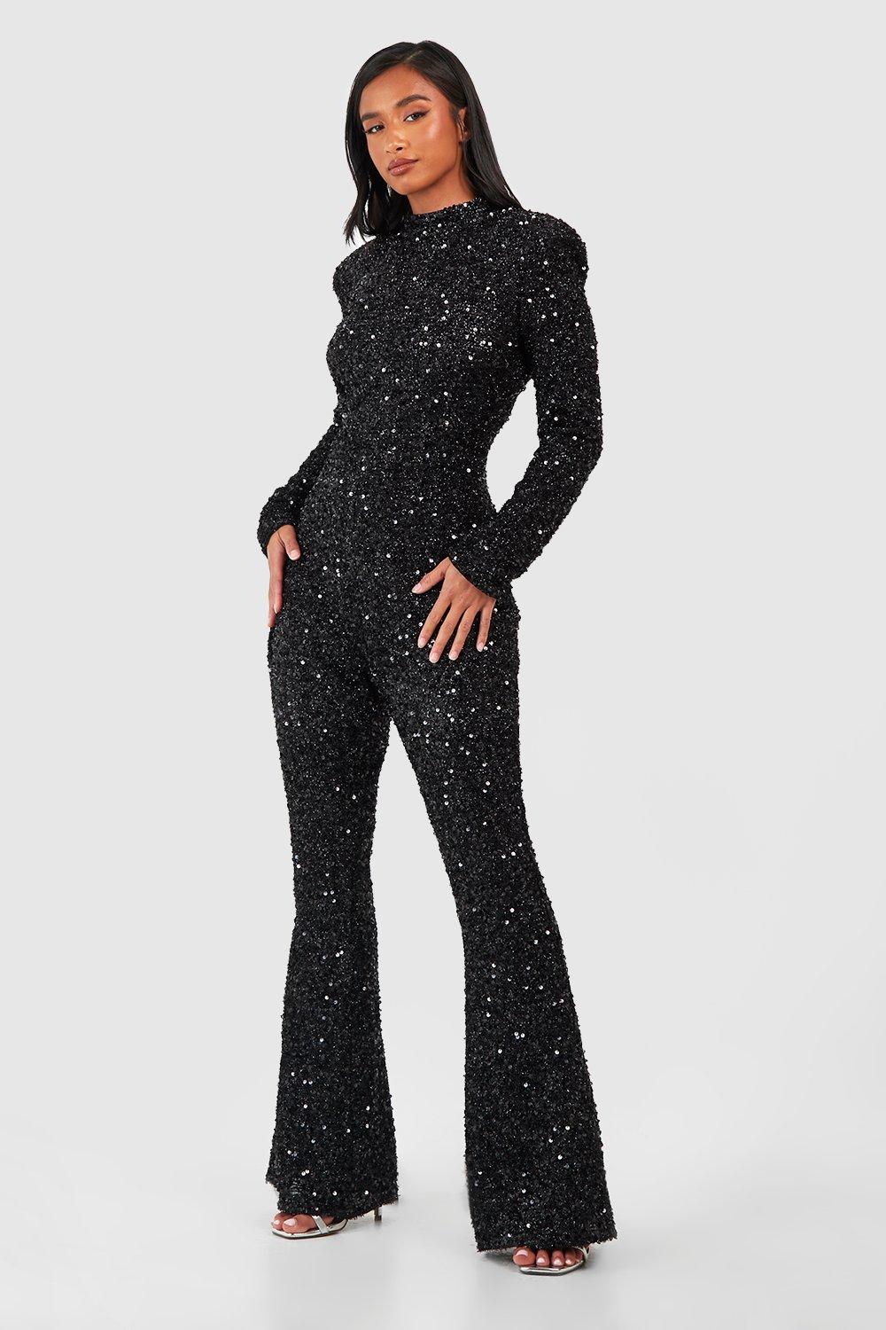 Petite Rückenfreier Pailletten-Jumpsuit Mit Schulterpolstern - Black - 32, Black