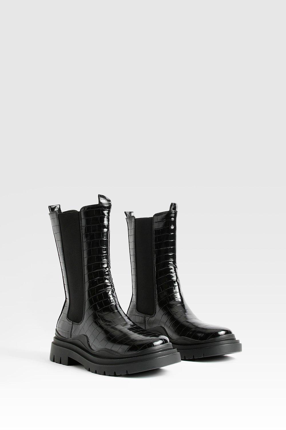 wide fit calf height croc chelsea boots - noir - 38, noir
