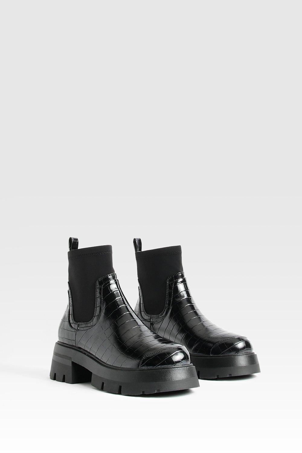 womens wide fit neoprene panel croc chelsea boots - black - 39, black