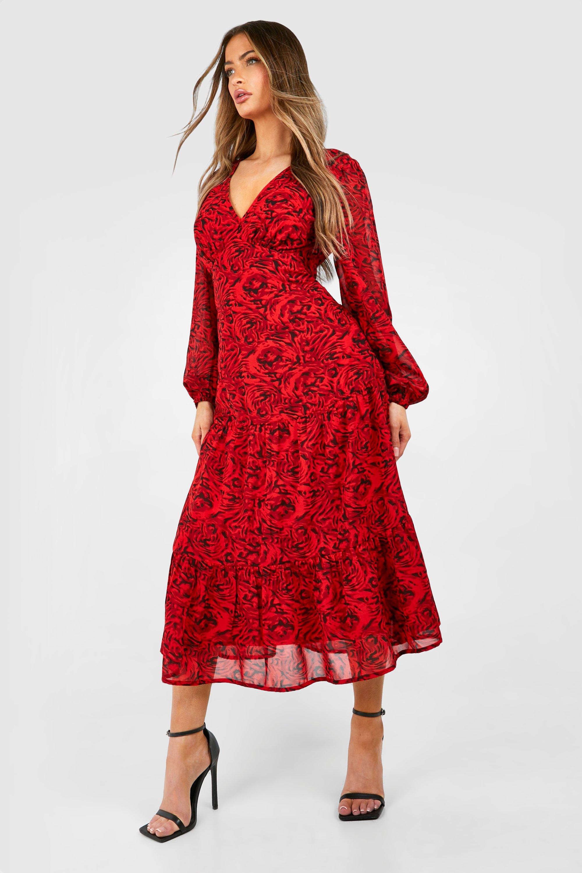 Womens Floral Tiered Midi Smock Dress - 10, Red