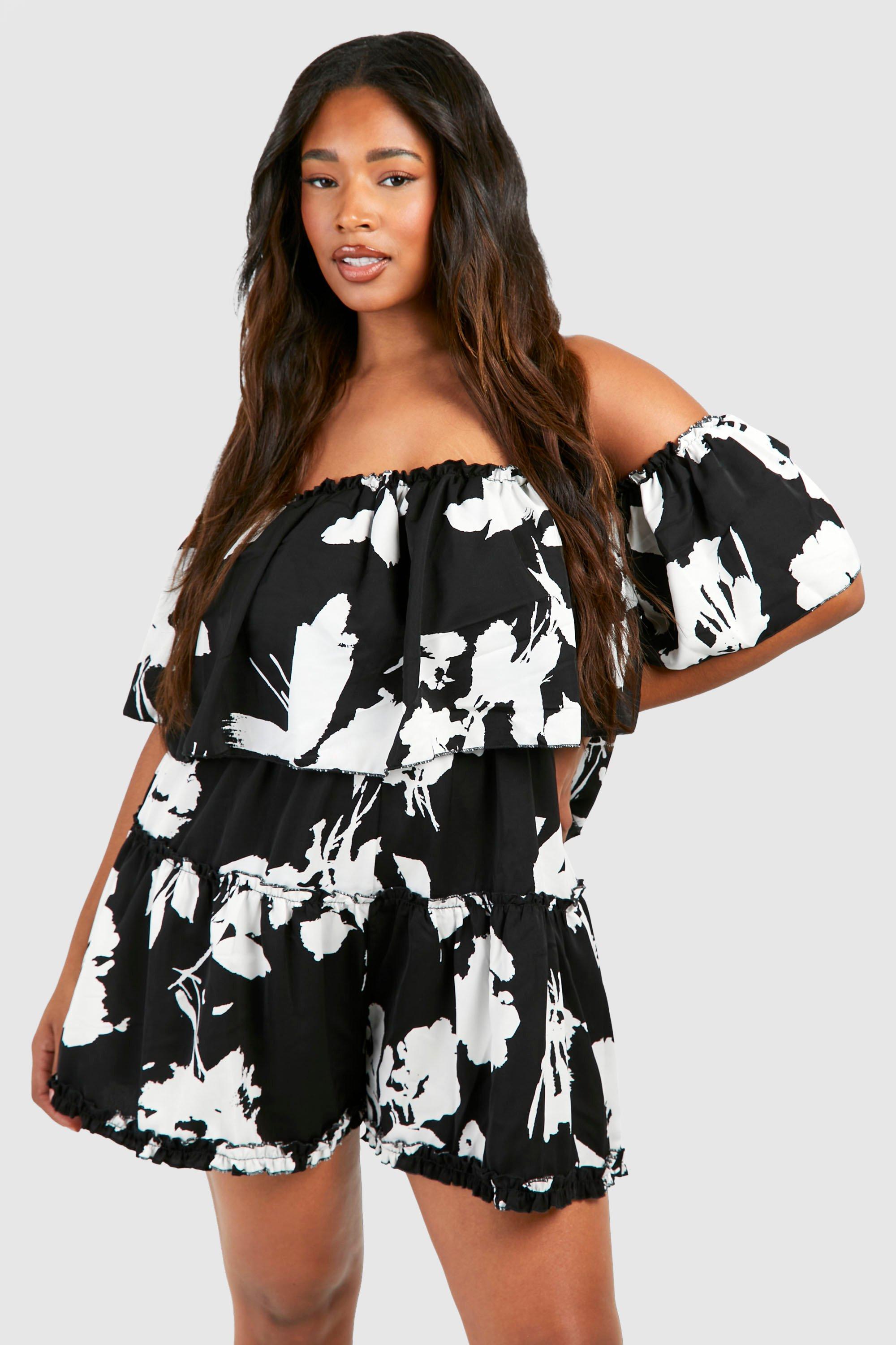 "Plus" Woven Floral Print Bardot Ruffle Playsuit - Noir - 18, Noir