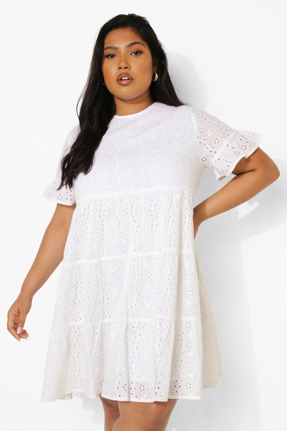 Grande Taille- Robe Babydoll À Volants Style Broderie - Blanc - 52, Blanc
