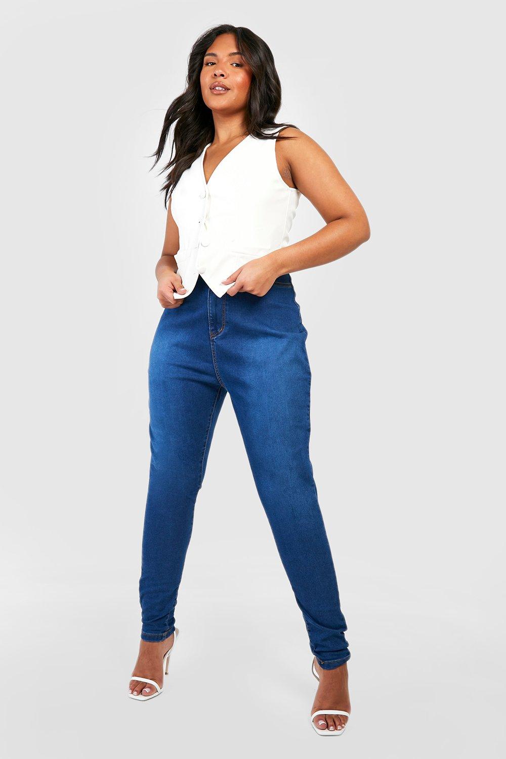 Plus Butt-Shaper Stretch Skinny Jeans Mit Hohem Bund - Mittelblau - 42, Mittelblau