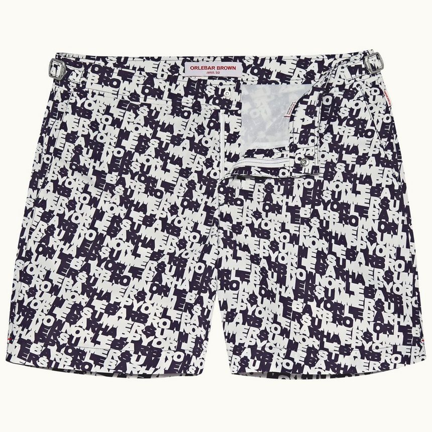 bulldog - navy/white o.b monogram mid-length swim shorts