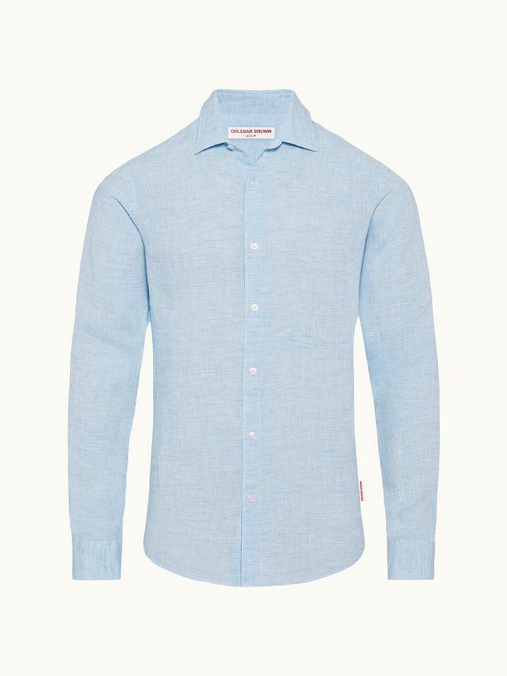 giles linen - pale blue/white classic collar tailored fit linen shirt