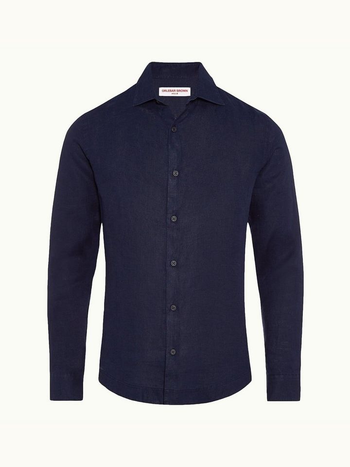 giles linen - navy cutaway collar tailored fit linen shirt