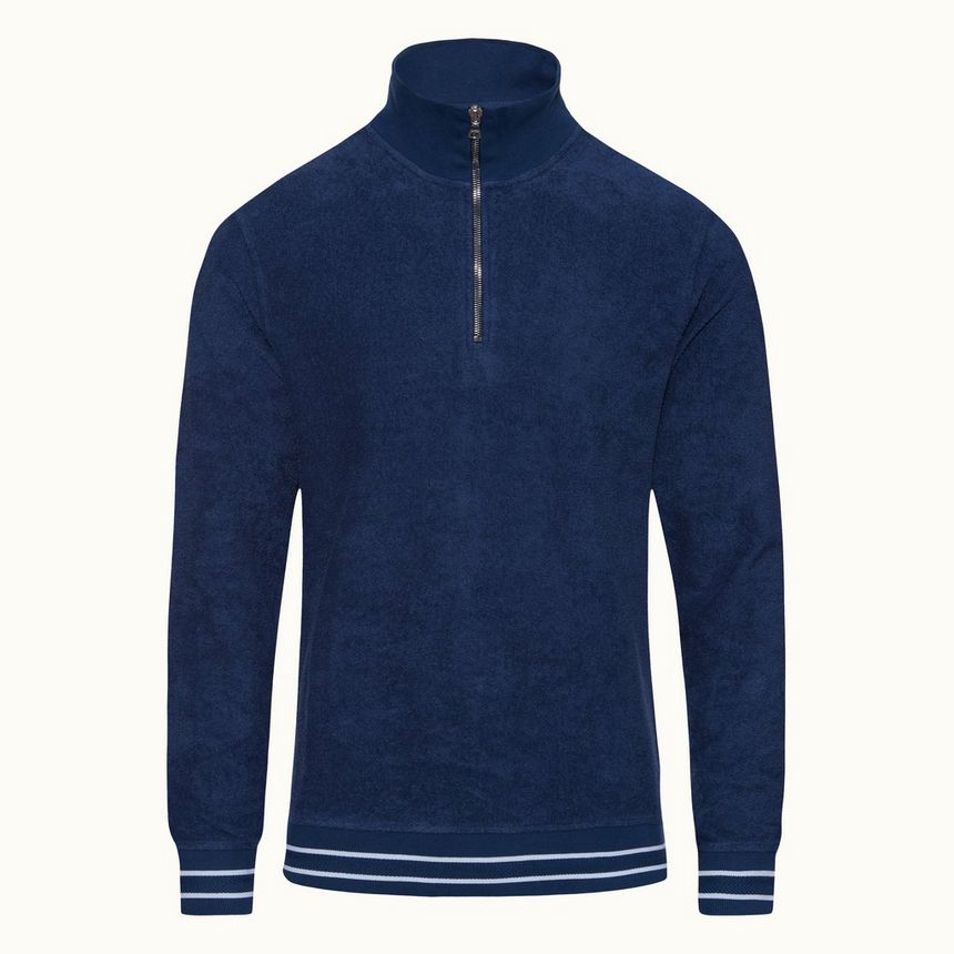 isar - classic blue half-zip contrast stitch cotton sweatshirt