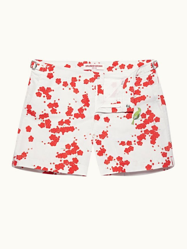 setter - blossom print shorter-length swim shorts in red plum colour