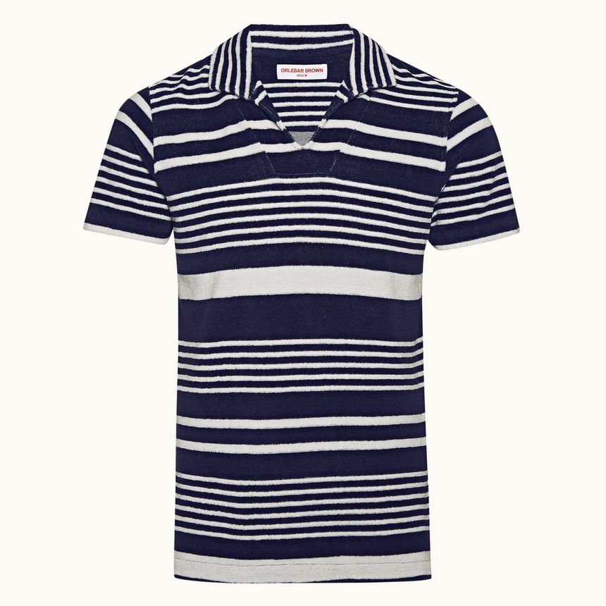 trent towelling - navy/almond stripe relaxed fit towelling polo shirt