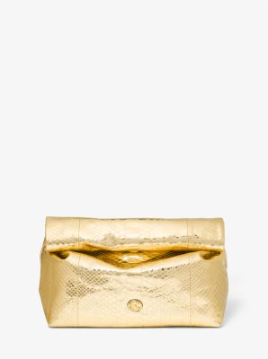 Mk Monogramme Medium Metallic Python Embossed Leather Lunch Box Clutch - Gold - Michael Kors