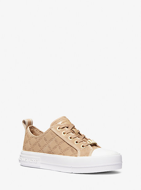 mk evy empire logo embossed suede trainers - camel - michael kors