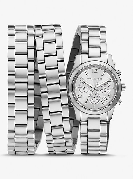 mk limited-edition runway rhodium-plated stainless steel wrap watch - silver - michael kors