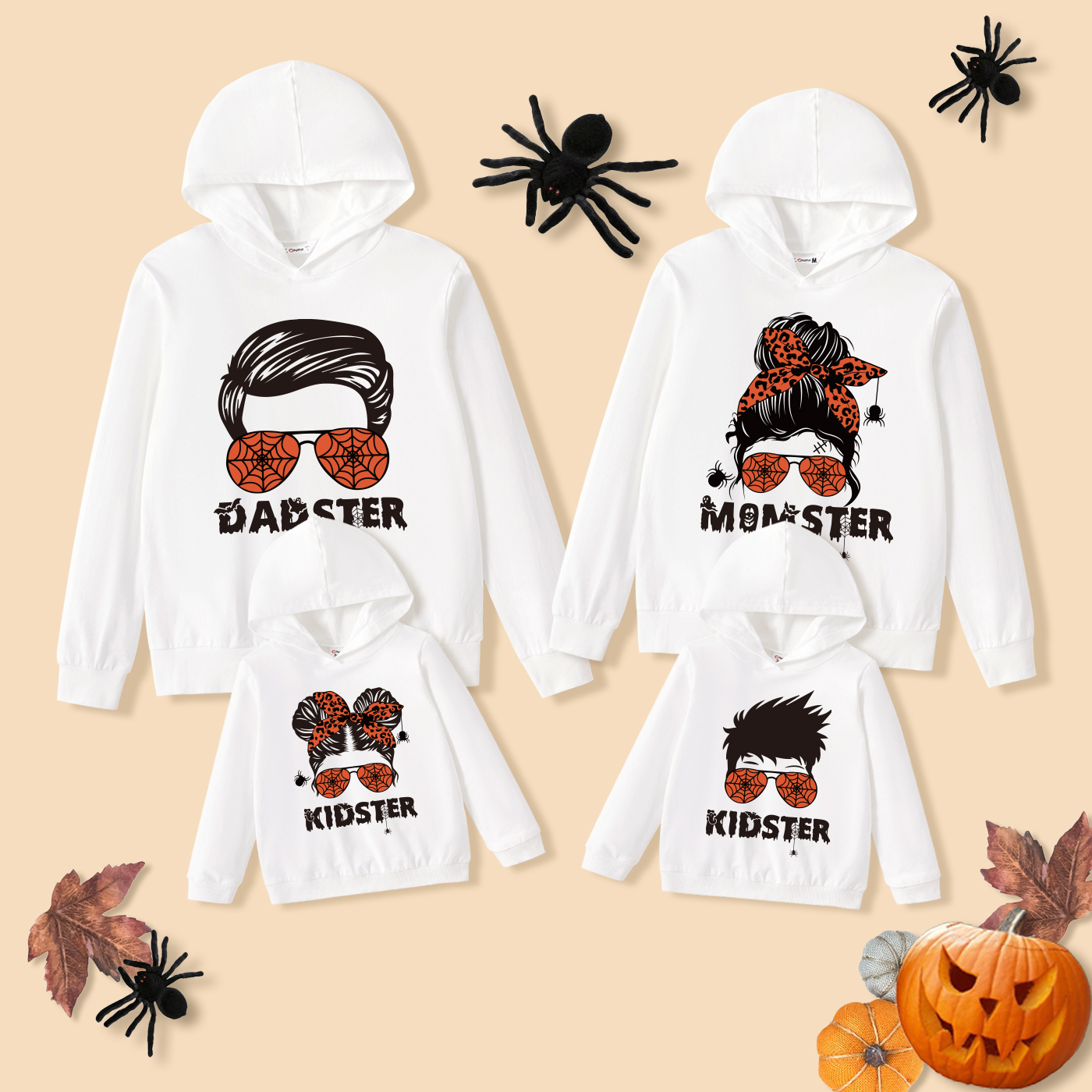 halloween family matching spider figure & letter print 100% cotton white long-sleeve hoodies